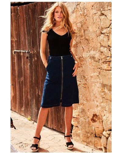 Sosandar Zip Front Denim A-line Skirt - Brown