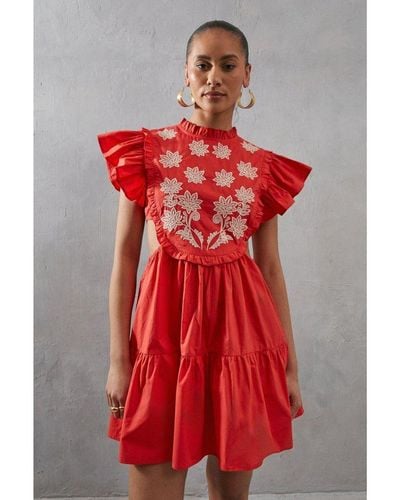 Warehouse Contrast Embroidery Floral Mini Tunic Dress - Red