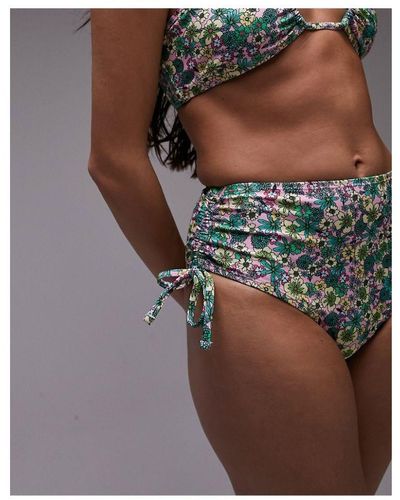 TOPSHOP Mix And Match Ditsy Floral Ruche Side High Waist Bikini Bottoms - Brown