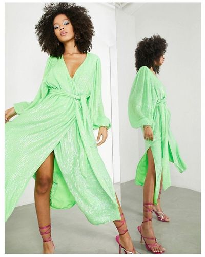 ASOS Crystal Sequin Wrap Midi Dress With Blouson Sleeve - Green
