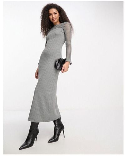 ASOS Ribbed Long Sleeve Midi Dress With Crochet Insert - White