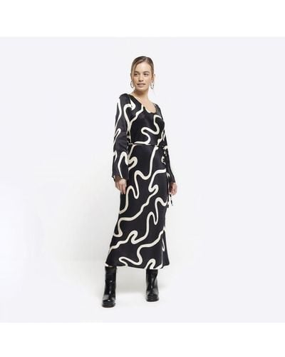 River Island Slip Midi Dress Petite Black Abstract Belted Viscose - White