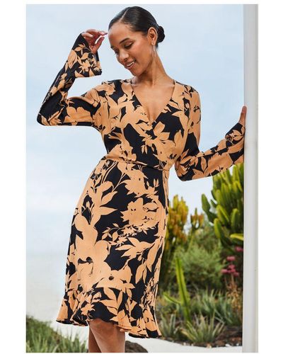 Sosandar Floral Print Fit & Flare Wrap Dress - Natural