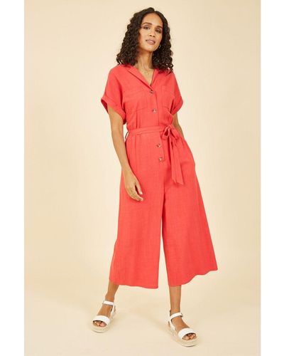 Yumi' Button Up Linen Blend Jumpsuit Viscose - Red
