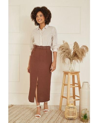 Yumi' Cotton Midi Skirt With Belt And Split Hem - Natural