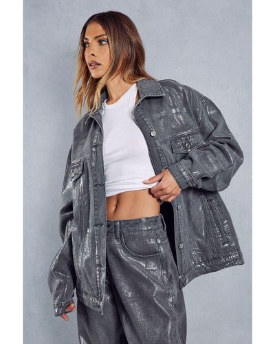 MissPap Metallic Oversized Denim Jacket - Grey