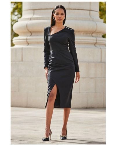 Sosandar Asymmetric Neckline Pencil Dress With Button Detail - Black