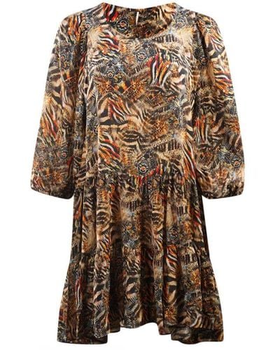 Inoa Golden Eagle 120214 Long Sleeve Silk Ruffle Layered Dress - Natural