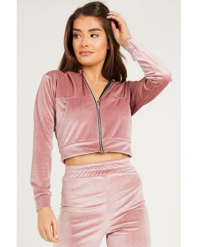 Quiz Velvet Zip Front Hoodie - Pink