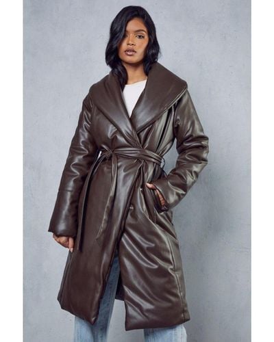 MissPap Leather Look Padded Longline Coat - Grey