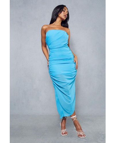 MissPap Chiffon Bandeau Draped Asymmetric Hem Midi Dress - Blue