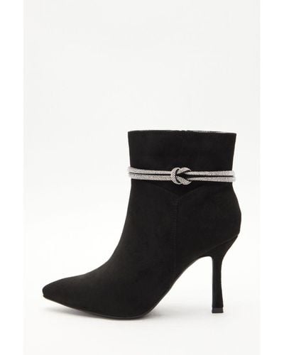 Quiz Diamante Trim Ankle Heeled Boots - Black