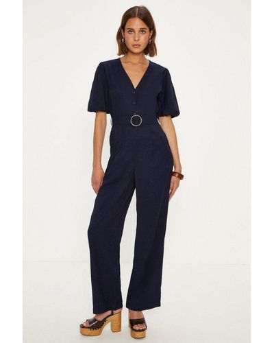 Oasis Linen Look Puff Sleeve Belted Jumpsuit Viscose - Blue