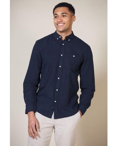 Nines Linen Blend Long Sleeve Button-Up Shirt With Chest Pocket - Blue