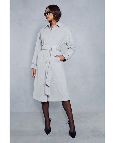 MissPap Wool Look Belted Midi Trench Coat - Blue