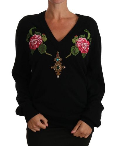 Dolce & Gabbana Zwarte Roos Bloemenkristal Kasjmier Trui Voor