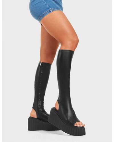 LAMODA Chunky Knee High Boots No Hard Feelings Open & Round Toe With Zip - Black