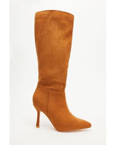 Quiz Tan Faux Suede Knee High Heeled Boots - Brown