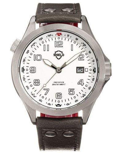Shield Palau Leather-Band Diver Watch W/Date - Grey