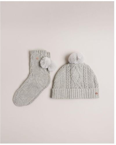 Ted Baker Raisa Knitted Pom Hat And Sock Set - Natural