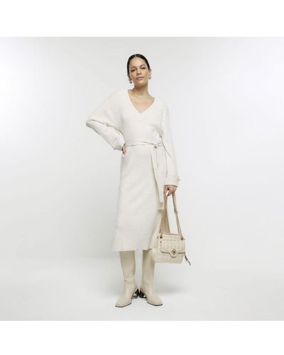 River Island Jumper Midi Dress Cream Knitted Belted Viscose - White