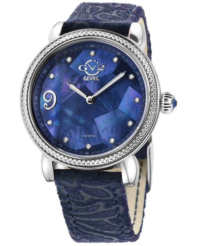 Gv2 Ravenna Swiss Quartz Diamond Mother Of Pearl Dial Suede Embossed Watch Leather - Blue