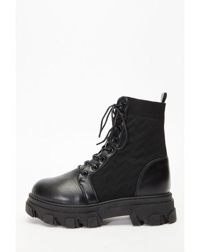 Quiz Lace Up Knitted Boots - Black