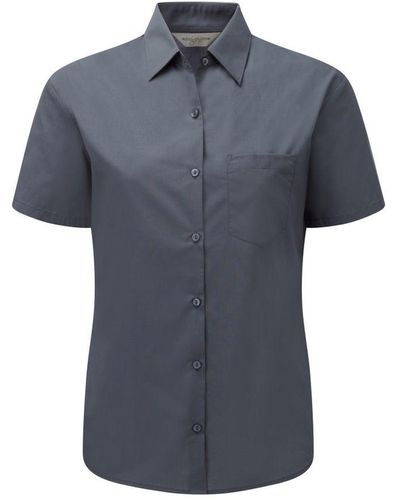 Russell Collection Ladies/ Short Sleeve Poly-Cotton Easy Care Poplin Shirt (Convoy) - Blue