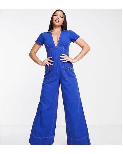 ASOS Tall Twill Collar Jumpsuit With Wide Leg - Blue