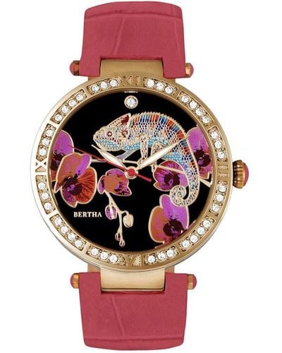 Bertha Camilla Mother-Of-Pearl Leather-Band Watch - Red