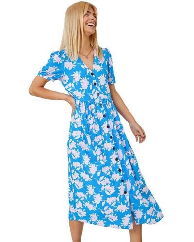 D.u.s.k Floral Print Button Detail Maxi Dress - Blue