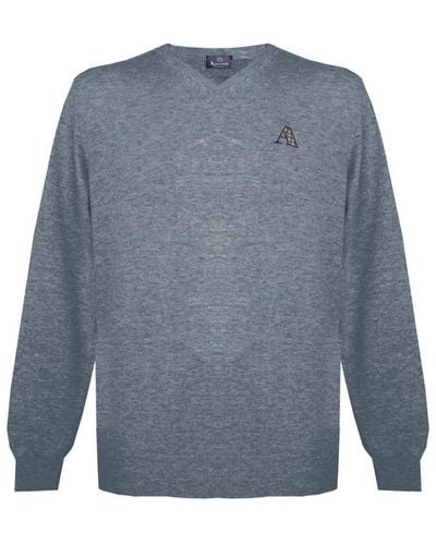 Aquascutum Long Sleeved/V-Neck Knitwear Jumper With Logo - Blue