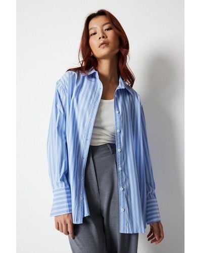 Warehouse Stripe Boyfriend Shirt Cotton - Blue