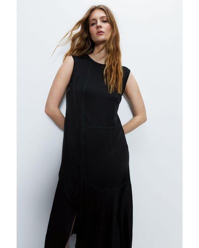 Warehouse Premium Satin Sleeveless Midi Dress With Frill Viscose - Black