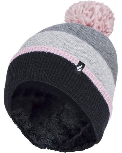 Heat Holders Ladies Warm Knit Fleece Lined Winter Hat With Pom Pom - Grey / Pink - Blue