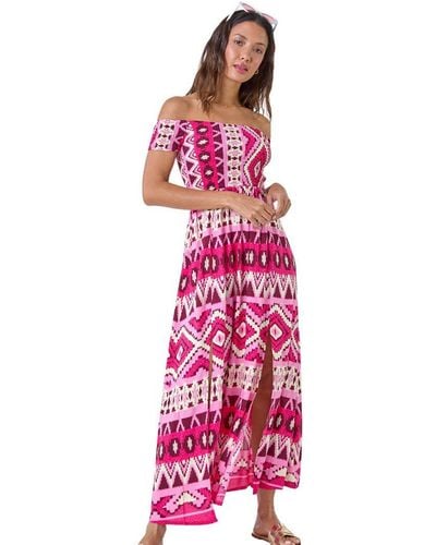 Roman Aztec Shirred Bardot Maxi Dress