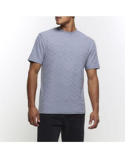 River Island T-shirt Blue Slim Fit Chevron Texture Cotton