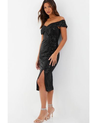 Quiz Sequin Bardot Split Midi Dress - Black