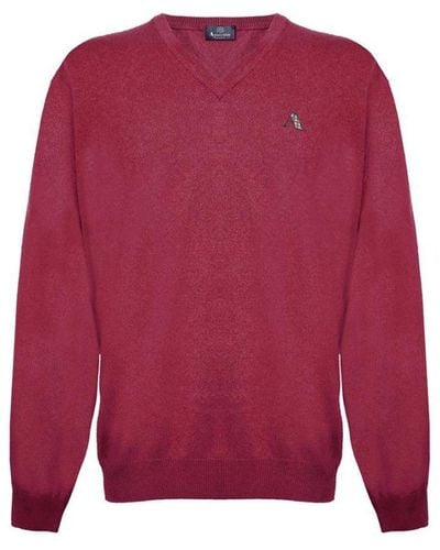 Aquascutum Check A Logo V-Neck Jumper Wool - Red