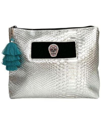 Apatchy London Silver Snakeskin Wash Bag With Flower Skull & Teal Tassel Faux Leather - White