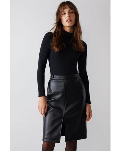 Warehouse Stitch Detail Faux Leather Pencil Skirt - Black