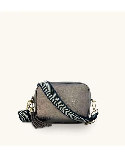 Apatchy London Bronze Leather Crossbody Bag With Black & Gold Chevron Strap - Grey