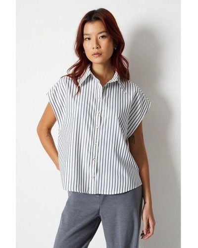Warehouse Stipe Button Through Boxy Shirt Cotton - Grey