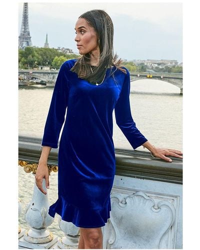 Sosandar Sapphire Velvet Ruffle Hem Shift Dress - Blue