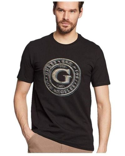 Guess T-shirt Met Rond Logo Voor - Zwart