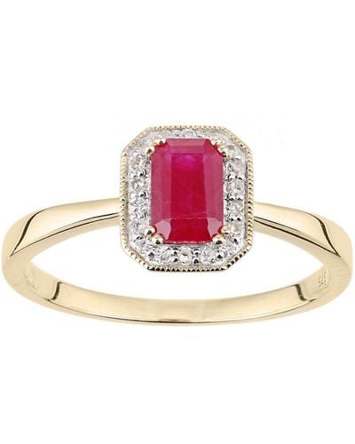 DIAMANT L'ÉTERNEL 9ct Geelgouden Diamanten En Robijnrode Edelsteen Rechthoekig Geslepen Ring - Roze