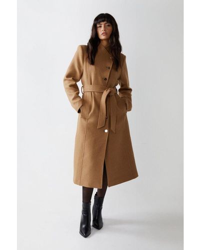 Warehouse Italian Wool Tailored Belted Wrap Coat - Brown