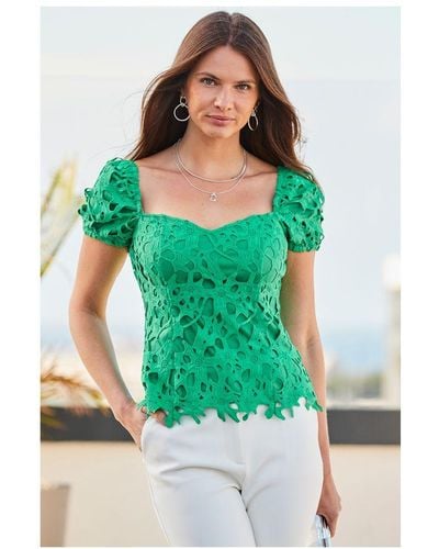 Sosandar Premium Lace Top - Green