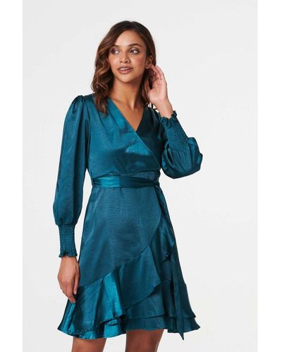 Izabel London Satin Frill Detail Wrap Dress - Blue