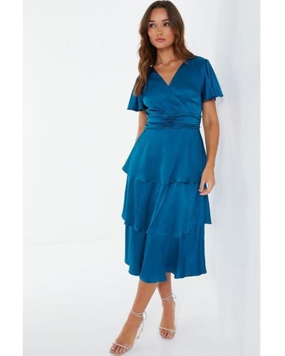 Quiz Satin Tiered Wrap Midi Dress - Blue